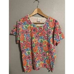 Vintage Womens Top Size Medium Colorful Floral Short Sleeve Artsy Mod Boho 90s